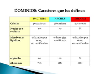 DOMINIOS: Caracteres que los definen
              BACTERIA         ARCHEA           EUKARIA

Células       procariotas     procariotas       eucariotas

Núcleo con        no               no               SI
evoltura

Membranas    enlazados por    enlaces eter,   enlazados por
lipídicas        ester,       ramificado           éster,
             no ramificados                   no ramificados




organelas         no               no               SI

ribosomas         70S             70S              80S
 