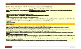 BIOLOGÍA I

disponible, relevancia de la información, análisis de los conocimientos de la Biología en la prevención de problemas de
resultados, conclusiones, recursos, etc.).                          carácter ecológico, económico y social promoviendo el cuidado
                                                                    ambiental.
O rganizar plenaria grupal para analizar y discutir lo aprendido en Diseñar organizadores gráficos con las ideas principales de los Lista de cotejo para coevaluar los organizadores gráficos.
el bloque I.                                                        objetos de aprendizaje analizados en el bloque I.

1S  ugerencia de formato para el reporte de investigación por parte del alumno:
-D  atos de la Institución Educativa; Título del proyecto; Datos de identificación de los participantes Fecha de elaboración.
                                                                                                       ;
- Índice.
- Introducción: Información breve que permita identificar los elementos básicos del proyecto.
- Análisis de resultados: Aplicaciones actuales de las distintas especialidades de la Biología; explicación de cómo éstas especialidades contribuyen al mejoramiento de la calidad del vida del ser
humano; análisis del equilibrio riesgo-beneficio ocasionado por la aplicación de estos adelantos en su comunidad, región, país o mundo.
-C onclusiones.
- Fuentes de información.

R del docente
 ol
P el desarrollo de las competencias genéricas y disciplinares básicas propuestas en este bloque de aprendizaje, el o la docente:
 ara
Facilita el proceso educativo al diseñar actividades significativas integradoras que permitan vincular los saberes previos de las alumnas y los alumnos con los objetos de aprendizaje.
Propicia el desarrollo de un clima escolar adecuado, afectivo, que favorezca la confianza, seguridad y autoestimadel alumnado.
Fomenta el gusto por la lectura y la expresión oral y escrita, ofreciendo alternativas de consulta, investigación y trabajo, utilizando de manera eficiente las tecnologías de la información y
comunicación; incorporando diversos lenguajes y códigos (íconos, hipermedia y multimedia) para potenciar los aprendizajes de los estudiantes.
Diseña instrumentos de evaluación del aprendizaje considerando los niveles de desarrollo de cada uno de los grupos que atiende fomentando la autoevaluación y la coevaluación por parte de los
estudiantes.
Desarrolla trabajo colegiado interdisciplinario con sus colegas.
Motiva el interés del alumnado al proponer temas actuales y significativos sobre el campo de acción e interrelación de la Biología con otras ciencias, sus adelantos y carácter científico que los lleven
a usar las Tecnologías de la Información y la C omunicación como un instrumento real de comunicación.
Conduce las situaciones de aprendizaje bajo un marco de respeto a las diferencias culturales y de género, así como de promoción de valores cívicos y éticos, al reconocer el carácter científico y las
aplicaciones de la biología en su vida cotidiana.
Promueve el pensamiento crítico, reflexivo y creativo al valorar la repercusión de las aplicaciones de la biología y el impacto ambiental, social y económico en su vida cotidiana.




              16                                                                                                                                                                          DGB/DCA/2011
 