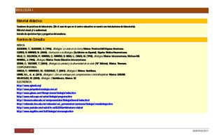 BIOLOGÍA I


Material didáctico
Cuaderno de prácticas de laboratorio. (E el caso de que en el centro educativo se cuente con instalaciones de laboratorio).
                                         n
Material visual y/ o audiovisual.
Listado de ejercicios tipo y preguntas detonadoras.

Fuentes de Consulta
B IC :
 ÁS A
AUD S K, T.; AUD S K, G (1996). Biología: La vida en la tierra. México: P
     E IR             E IR .                                                      rentice-Hall-Hispano Americana.
C TIS H; BAR S N. (2000). Invitación a la Biología. (5a E
 UR ,            NE ,                                             dición en Español). E spaña: Médica P  anamericana.
VILLE C S LO N, P MAR
      , .; O MO .;              TIN, C MAR
                                       .;     TIN, D BE G L.; D
                                                    ; R,         AVIS W. (1992). Biología. México: Interamericana, McG
                                                                      ,                                               raw-Hill.
KIMBALL, J (1986). Biología. México: Fondo E
            .                                    ducativo Interamericano.
S R C TAG AR T. (2004). Biología la unidad y la diversidad de la vida. (10ª E
 TAR , .;        G T,                                                                      dición). México. Thomson.
COMPLEMENTAR        IA:
G C F.; MAR
 AR IA,           TINE M.; G NZALE T. (2007). Biología I. México: S
                        Z,      O         Z,                               antillana.
UR , H.L., et. al. (2011). Biología I. Con un enfoque por competencias e interdisciplinar. México: LIMUS
   IBE                                                                                                           A.
VELAZQ Z, M. (2005). Biología 1. Bachillerato. México: S
          UE                                                  T.
ELEC ÓNIC
     TR        A:
http:/ / www.agiweb.org/
http:/ / www.porquebiotecnologia.com.ar/
http:/ / www.galeon.com/ filoesp/ ciencia/ biologia/ index.htm
http:/ / www.euita.upv.es/ varios/ biologia/ programa.htm
http:/ / docencia.udea.edu.co/ semipresenciales/ BiologiaG eneral/ index.html
http:/ / redescolar.ilce.edu.mx/ redescolar/ act_permanentes/ conciencia/ biologia/ menubiologia.htm
http:/ / www.youtube.com/ watch?     v=oaf2LZHG   wr4&feature=related
http:/ / www.angelfire.com/ bc2/ biologia/ microscopia.htm




              17                                                                                                                  DGB/DCA/2011
 