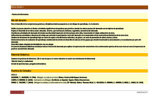 BIOLOGÍA I

- Fuentes de información.


R del docente
 ol
P el desarrollo de las competencias genéricas y disciplinares básicas propuestas en este bloque de aprendizaje, el o la docente:
 ara

Facilita el proceso educativo al diseñar actividades significativas integradoras que permitan vincular los saberes previos del alumnado con los objetos de aprendizaje.
Propicia el desarrollo de un clima escolar adecuado, afectivo, que favorezca la confianza, seguridad y autoestima del alumnado.
Coordina las actividades del alumnado ofreciendo una diversidad importante de interacciones entre ellos, favoreciendo el trabajo colaborativo de éstos.
Utiliza diversas actividades y dinámicas de trabajo que estimulan la participación activa del alumna en la comprensión de las características distintivas de los seres vivos.
                                                                                                     do
Conduce las situaciones de aprendizaje bajo un marco de respeto a las diferencias culturales y de gé nero, así como de promoción de valores cívicos y éticos.
D iseña instrumentos de evaluación del aprendizaje considerando los niveles de desarrollo decada uno de los grupos que atiende fomentando la autoevaluación y la coevaluación por parte de l
alumnado.
D esarrolla trabajo colegiado interdisciplinario con sus colegas.
A través de situaciones didácticas novedosas motiva el interés del alumnado para explicar la importancia del conocimiento de la conformación química de los seres vivos así como la importancia de
practicar una nutrición adecuada.


Material Didáctico
Cuaderno de prácticas de laboratorio. (E el caso de que en el centro educativo se cuente con instalaciones de laboratorio).
                                         n
 Material visual y/ o audiovisual.
Listado de ejercicios tipo y preguntas detonadoras.


Fuentes de Consulta
B IC :
 ÁS A
AUD S K, T.; AUD S K, G (1996). Biología: La vida en la tierra. México: P
   E IR         E IR .                                                   rentice-Hall-Hispano Americana.
C TIS H; BAR S N. (2000). Invitación a la Biología. (5a E
 UR ,         NE ,                                        dición en Español). España: Médica P anamericana.
S R C TAG AR T. (2004). Biología la unidad y la diversidad de la vida. (10ª E
 TAR , .;    G T,                                                                dición). México. Thomson.VILLE C S LO N, P MAR
                                                                                                               , .; O MO .;    TIN, C MAR
                                                                                                                                     .;  TIN, D BER , L.; DAVIS W. (1992).
                                                                                                                                               ;   G           ,




               23                                                                                                                                                                    DGB/DCA/2011
 