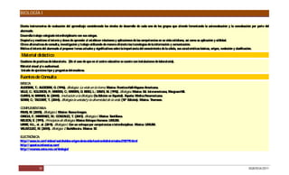 BIOLOGÍA I

D iseña instrumentos de evaluación del aprendizaje considerando los niveles de desarrollo de cada uno de los grupos que atiende fomentando la autoevaluación y la coevaluación por parte del
alumnado.
D esarrolla trabajo colegiado interdisciplinario con sus colegas.
D espierta y mantiene el interés y deseo de aprender al establecer relaciones y aplicaciones de las competencias en su vida cotidiana, así como su aplicación y utilidad.
O frece alternativas de consulta, investigación y trabajo utilizando de manera eficiente las tecnologías de la información y comunicación.
Motiva el interés del alumnado al proponer temas actuales y significativos sobre la importancia del conocimiento de la célula, sus características básicas, origen, evolución y clasificación.

Material didáctico
Cuaderno de prácticas de laboratorio. (E el caso de que en el centro educativo se cuente con insta
                                         n                                                        laciones de laboratorio).
Material visual y/ o audiovisual.
Listado de ejercicios tipo y preguntas detonadoras.

Fuentes de Consulta
B IC :
 ÁS A
AUD S K, T.; AUD S K, G (1996). Biología: La vida en la tierra. México: P
    E IR        E IR .                                                   rentice-Hall-Hispano Americana.
VILLE C S LO N, P MAR
     , .; O MO .;        TIN, C MAR
                               .;    TIN, D BE G L.; D
                                            ; R,         AVIS W. (1992). Biología. México: E Interamericana, Macgraw-Hill.
                                                              ,                               d.
C TIS H; BAR S N. (2000). Invitación a la Biología. (5a E
 UR ,         NE ,                                        dición en Español). España: Médica P anamericana.
S R C TAG AR T. (2004). Biología la unidad y la diversidad de la vida. (10ª E
 TAR , .;    G T,                                                                dición). México. Thomson.

COMPLEMENTAR     IA:
FR , M. (2005). Biología I. México: Nueva Imagen.
  IAS
G C F.; MAR
 AR IA,        TINE M.; G NZALE T. (2007). Biología I. México: S
                     Z,      O        Z,                            antillana.
NE O E (1991). Principios de Biología. México E
   LS N, .                                        nfoque Humano: LIMUS   A.
UR , H.L., et. al. (2011). Biología I. C un enfoque por competencias e interdisciplinar. México: LIMUS
   IBE                                  on                                                            A.
VELAZQ Z, M. (2005). Biología 1. Bachillerato. México: S
       UE                                                T.

ELEC ÓNIC
     TR        A:
http:/ / www.in.com/ videos/ watchvideo-origen-de-la-vida-fuentes-hidrotermales-2110719.html
http:/ / apuntes.infonotas.com/
http:/ / recursos.cnice.mec.es/ biologia/




              30                                                                                                                                                              DGB/DCA/2011
 