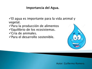 Importancia del Agua.
El agua es importante para la vida animal y
vegetal.
Para la producción de alimentos
Equilibrio de los ecosistemas.
Cría de animales.
Para el desarrollo sostenible.
Autor: Guillermo Romero.
 