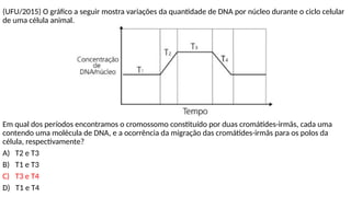 (UFU/2015) O gráfico a seguir mostra variações da quantidade de DNA por núcleo durante o ciclo celular
de uma célula animal.
Em qual dos períodos encontramos o cromossomo constituído por duas cromátides-irmãs, cada uma
contendo uma molécula de DNA, e a ocorrência da migração das cromátides-irmãs para os polos da
célula, respectivamente?
A) T2 e T3
B) T1 e T3
C) T3 e T4
D) T1 e T4
 