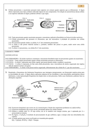 2

2. Células procariontes e eucariontes possuem tanto aspectos em comum quanto aspectos que as diferenciam. A figura
abaixo representa esses tipos celulares indicando alguns de seus componentes. Em relação às características dessas células
e aos aspectos indicados na figura, podemos afirmar o que segue.

0-0) Tanto procariontes quanto eucariontes possuem o mecanismo replicativo/hereditário na forma de ácidos nucleicos.
1-1) Células procariontes não possuem os ribossomos, que são necessários à produção de proteínas nas células
eucariontes.
2-2) Por possuírem parede celular, as células A e C são certamente procariontes.
3-3) A célula A não possui material nuclear e, portanto, também não possui os genes, sendo assim uma célula
procarionte.
4-4) A célula A é procarionte, e as células B e C são eucariontes.
GABARITO: VFFFV
JUSTIFICATIVAS:
0-0) VERDADEIRA - Os ácidos nucleicos constituem o mecanismo hereditário tanto em procariontes quanto em eucariontes.
1-1) FALSA – Tanto células procariontes quanto células eucariontes possuem os ribossomos.
2-2) FALSA – A célula C representa uma célula vegetal, que possui parede celular e também é eucarionte.
3-3) FALSA – A célula A representa, de fato uma célula procarionte, mas a inexistência de núcleo organizado não implica
falta de material nuclear e de genes.
4-4) VERDADEIRA – A célula A não possui núcleo organizado, diferentemente das células B e C, que são eucariontes.

3. Respiração e fotossíntese são fenômenos bioquímicos que interagem sinergicamente, um fornecendo matéria prima para
as necessidades do outro. A figura abaixo apresenta esquema de um cloroplasto e uma mitocôndria, participantes desses
fenômenos, e uma representação bioquímica da relação entre os dois processos. Sobre esses fenômenos, podemos fazer as
afirmações seguintes.

0-0) O processo bioquímico que ocorre em A é essencial para a função dos organismos produtores na cadeia trófica.
1-1) O processo bioquímico que ocorre em B é encontrado apenas nas células animais.
2-2) Embora a relação entre A e B seja cíclica, ela só se mantém com energia externa, que é capturada por A e
acrescentada ao sistema.
3-3) Na figura, o C6H12O6 é resultante do processamento de gás carbônico, água e energia solar nas mitocôndrias dos
vegetais.
4-4) A reação química que ocorre em B pode ser resumida pela equação:
6O2 + C6H12O6  6CO2 + 6H2O + Energia

 
