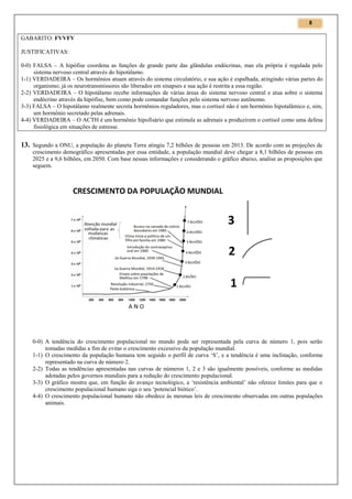 8

GABARITO: FVVFV
JUSTIFICATIVAS:
0-0) FALSA – A hipófise coordena as funções de grande parte das glândulas endócrinas, mas ela própria é regulada pelo
sistema nervoso central através do hipotálamo.
1-1) VERDADEIRA – Os hormônios atuam através do sistema circulatório, e sua ação é espalhada, atingindo várias partes do
organismo; já os neurotransmissores são liberados em sinapses e sua ação é restrita a essa região.
2-2) VERDADEIRA – O hipotálamo recebe informações de várias áreas do sistema nervoso central e atua sobre o sistema
endócrino através da hipófise, bem como pode comandar funções pelo sistema nervoso autônomo.
3-3) FALSA – O hipotálamo realmente secreta hormônios reguladores, mas o cortisol não é um hormônio hipotalâmico e, sim,
um hormônio secretado pelas adrenais.
4-4) VERDADEIRA – O ACTH é um hormônio hipofisário que estimula as adrenais a produzirem o cortisol como uma defesa
fisiológica em situações de estresse.

13. Segundo a ONU, a população do planeta Terra atingiu 7,2 bilhões de pessoas em 2013. De acordo com as projeções de
crescimento demográfico apresentadas por essa entidade, a população mundial deve chegar a 8,1 bilhões de pessoas em
2025 e a 9,6 bilhões, em 2050. Com base nessas informações e considerando o gráfico abaixo, analise as proposições que
seguem.

0-0) A tendência do crescimento populacional no mundo pode ser representada pela curva de número 1, pois serão
tomadas medidas a fim de evitar o crescimento excessivo da população mundial.
1-1) O crescimento da população humana tem seguido o perfil de curva ‘S’, e a tendência é uma inclinação, conforme
representado na curva de número 2.
2-2) Todas as tendências apresentadas nas curvas de números 1, 2 e 3 são igualmente possíveis, conforme as medidas
adotadas pelos governos mundiais para a redução do crescimento populacional.
3-3) O gráfico mostra que, em função do avanço tecnológico, a ‘resistência ambiental’ não oferece limites para que o
crescimento populacional humano siga o seu ‘potencial biótico’.
4-4) O crescimento populacional humano não obedece às mesmas leis de crescimento observadas em outras populações
animais.

 