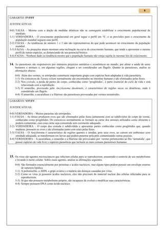 9

GABARITO: FVFFF
JUSTIFICATIVAS:
0-0) FALSA – Mesmo com a doção de medidas drásticas não se conseguirá estabilizar o crescimento populacional de
imediato.
1-1) VERDADEIRA – O crescimento populacional em geral segue o perfil em ‘S’, e as previsões para o crescimento da
população mundial seguem esse perfil.
2-2) FALSA – As tendências de número 1 e 3 não são representativas do que pode acontecer no crescimento da população
mundial.
3-3) FALSA – As projeções atuais mostram uma inclinação na curva de crescimento humano, que tende a apresentar o mesmo
perfil de outras espécies, se distanciando de seu potencial biótico.
4-4) FALSA – Nenhum dado ou tendência mostra que a população humana não esteja sujeita às mesmas leis de crescimento.

14. As parasitoses são responsáveis por inúmeros prejuízos sanitários e econômicos no mundo, por afetar a saúde de seres
humanos e animais e, em algumas regiões, chegam a ser consideradas um flagelo. Quanto às parasitoses, analise as
afirmações abaixo.
0-0) Além dos vermes, os artrópodes constituem importante grupo com espécies bem adaptadas à vida parasitária.
1-1) Os cisticercos de Taenia solium normalmente são encontrados no intestino humano e são eliminados pelas fezes.
2-2) Nos cestoda, a perda de partes do corpo, conhecidas como ‘proglótides’, é parte essencial do ciclo de vida e está
relacionada com a reprodução.
3-3) O amarelão, provocado pelo Ancylostoma duodenale, é característico de regiões secas ou desérticas, onde é
considerado um flagelo.
4-4) O amarelão, a ascaridíase e a filariose são parasitoses provocadas por vermes nematoides.
GABARITO: VFVFV
JUSTIFICATIVAS:
0-0) VERDADEIRA – Muitos parasitas são artrópodes.
1-1) FALSA – As tênias produzem ovos que são eliminados pelas fezes juntamente com as subdivisões do corpo do verme,
conhecidas como proglótides. Os cisticercos normalmente se formam na carne dos animais utilizados como alimento e
podem contaminar, caso essa carne seja consumida sem cozimento adequado.
2-2) VERDADEIRA – O corpo dos cestoda é subdividido e apresentas partes conhecidas como proglótides que, quando
maduras, possuem os ovos e são eliminadas junto com estes pelas fezes.
3-3) FALSA – O Ancylotoma é característico de regiões quentes e úmidas, pois seus ovos, ao caírem em ambientes com
umidade adequada, se transformam em larvas que podem penetrar pela pele contaminando outras pessoas.
4-4) VERDADEIRA – A ascaridíase, o amarelão e a filariose são provocados por vermes pertencentes ao filo ‘nematoda’, que
possui espécies de vida livre e espécies parasíticas que incluem as mais comuns parasitoses humanas.

15. Os vírus são agentes microscópicos que infectam células para se reproduzirem, assumindo o controle de seu metabolismo
e levando à morte celular. Sobre esses agentes, analise as afirmações seguintes.
0-0) São formados essencialmente por proteínas e ácidos nucleicos, mas alguns tipos podem possuir um envelope externo
de natureza lipídica.
1-1) A poliomielite, a AIDS, a gripe aviária e a malária são doenças causadas por vírus.
2-2) Como os vírus já possuem ácidos nucleicos, eles não precisam do material nuclear das células infectadas para se
reproduzirem.
3-3) Já que não possuem metabolismo próprio, são incapazes de evoluir e modificar suas características.
4-4) Sempre possuem DNA como ácido nucleico.

 