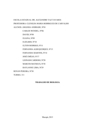 ESCOLA ESTADUAL DR. ALEXANDRE VAZ TAVARES
PROFESSORA: CLENILDA MARIA RODRIGUES DE CARVALHO
ALUNOS: AMANDA ANDRADE, Nº01
CARLOS WENDEL, Nº06
DAVID, Nº08
ELIANA, Nº09
ELIELBER, Nº10
ELTON RODRIGO, Nº11
FERNANDA ALBUQUERQUE, Nº13
FERNANDA MARTINS, Nº14
JOSÉ EMÍLIO, Nº17
LEONAM CARDOSO, Nº20
MARCOS MATHEUS, Nº38
RAYLANNE LIMA, Nº29
RENAN PEREIRA, Nº30
TURMA: 311
TRABALHO DE BIOLOGIA
Macapá, 2013
 