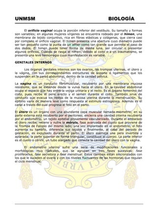 UNMSM BIOLOGÍA
El orificio vaginal ocupa la porción inferior del vestíbulo. Su tamaño y formas
son variables; en algunas mujeres vírgenes se encuentra rodeado por el himen, una
membrana de tejido conjuntivo, rica en fibras elásticas y colágenas, que cierra casi
por completo el orificio vaginal. El himen presenta una abertura cuyo diámetro puede
ser tan pequeño como la punta de un alfiler como tan grande que permita el paso de
dos dedos. El himen puede tener forma de media luna, ser circular o presentar
algunos orificios. Cuando se rasga el himen, debido al coito o a un traumatismo, se
presenta una leve hemorragia cuya manifestación es variable.
GENITALES INTERNOS
Los órganos genitales internos son los ovarios, las trompas uterinas, el útero y
la vágina, con sus correspondientes estructuras de soporte o ligamentos que los
suspenden en la pared abdominal, dentro de la cavidad pélvica.
La vagina es un conducto fibromuscular, recubierto por una membrana mucosa
resistente, que se extiende desde la vulva hacia el útero. En la cavidad abdominal
ocupa el espacio que hay entre la vejiga urinaria y el recto. Es el órgano femenino del
coito, pues recibe el pene erecto y el semen durante el coito. También sirve de
conducto que evacua los restos de la mucosa uterina durante la menstruación. Su
epitelio varía de manera leve como respuesta al estimulo estrogénico. Además es el
canal a través del cual progresa el feto en el parto.
El útero es un órgano con una abundante capa muscular llamada miometrio; en su
parte externa está recubierto por el peritoneo; encierra una cavidad interna recubierta
por el endometrio, un tejido epitelial prosamente vascularizado. Durante el embarazo
el útero recibe, retiene y nutre la mórula, fase avanzada del cigoto que proviene de
la Trompa de Falopio del mismo lado; una vez implantado en el endometrio, el feto
aumenta su tamaño, diferencia sus tejidos y finalmente, al cabo del periodo de
gestación, es expulsado durante el parto. El útero asemeja una pera invertida y
aplanada; la parte superior de forma triangular, constituye el cuerpo. La parte inferior
es el cuello o cérvix, un tubo alargado que conecta la cavidad del útero con la vagina.
El endometrio uterino sufre una serie de modificaciones funcionales y
morfológicas muy rádicales, que se agrupan en tres fases sucesivas: fase
proliferativa, fase secretora y fase menstrual. Estos cambios están sincronizados con
los que le suceden al ovario y con los niveles fluctuantes de las hormonas que regulan
el ciclo menstrual.
 