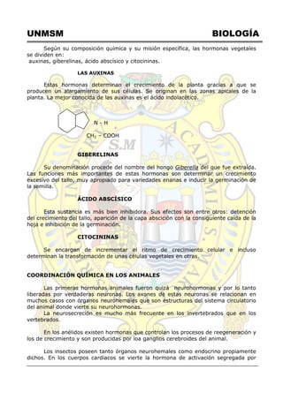 UNMSM BIOLOGÍA
Según su composición química y su misión específica, las hormonas vegetales
se dividen en:
auxinas, giberelinas, ácido abscísico y citocininas.
LAS AUXINAS
Estas hormonas determinan el crecimiento de la planta gracias a que se
producen un alargamiento de sus células. Se originan en las zonas apicales de la
planta. La mejor conocida de las auxinas es el ácido indolacético.
N - H
CH2 – COOH
GIBERELINAS
Su denominación procede del nombre del hongo Giberella del que fue extraída.
Las funciones más importantes de estas hormonas son determinar un crecimiento
excesivo del tallo, muy apropiado para variedades enanas e inducir la germinación de
la semilla.
ÁCIDO ABSCÍSICO
Esta sustancia es más bien inhibidora. Sus efectos son entre otros: detención
del crecimiento del tallo, aparición de la capa abscición con la consiguiente caída de la
hoja e inhibición de la germinación.
CITOCININAS
Se encargan de incrementar el ritmo de crecimiento celular e incluso
determinan la transformación de unas células vegetales en otras.
COORDINACIÓN QUÍMICA EN LOS ANIMALES
Las primeras hormonas animales fueron quizá neurohormonas y por lo tanto
liberadas por verdaderas neuronas. Los axones de estas neuronas se relacionan en
muchos casos con órganos neurohemales que son estructuras del sistema circulatorio
del animal donde vierte su neurohormonas.
La neurosecreción es mucho más frecuente en los invertebrados que en los
vertebrados.
En los anélidos existen hormonas que controlan los procesos de reegeneración y
los de crecimiento y son producidas por loa ganglios cerebroides del animal.
Los insectos poseen tanto órganos neurohemales como endocrino propiamente
dichos. En los cuerpos cardiacos se vierte la hormona de activación segregada por
 