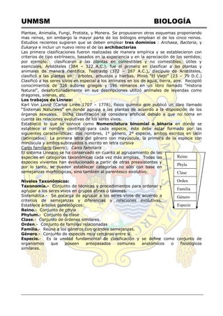 UNMSM BIOLOGÍA
Plantae, Animalia, Fungi, Protista, y Monera. Se propusieron otros esquemas proponiendo
mas reinos, sin embargo la mayor parte de los biólogos emplean el de los cinco reinos.
Estudios recientes sugieren que se deben emplear tres dominios : Archaea, Bacteria, y
Eukarya e incluir un nuevo reino el de las archibacterias
Las primera clasificaciones fueron realizadas de manera empírica y se establecieron con
criterios de tipo extrínseco, basados en la experiencia y en la apreciación de los sentidos;
por ejemplo: clasificaron a las plantas en comestibles y no comestibles; útiles y
esenciales. Aristóteles (384 – 322 A.C.). fue el primero en clasificar a las plantas y
animales de manera científica. Teotrasto (372 – 287 A.C.), discípulo de Aristóteles,
clasificó a las plantas en: árboles, arbustos y hierbas. Plinio ―El Viejo‖ (23 – 79 D.C.)
Clasificó a los seres vivos en especial a los animales en los de agua, tierra, aire. Recopiló
conocimientos de 326 autores griegos y 196 romanos en un libro llamado ―Historia
Natural‖, desafortunadamente en sus descripciones utilizó animales de leyendas como
dragones, sirenas, etc.
Los trabajos de Linneo:
Karl Von Linné (Carlos Lineo 1707 – 1778), físico químico que publicó un libro llamado
―Sistemas Naturales‖ en donde agrupa a las plantas de acuerdo a la disposición de los
órganos sexuales. Dicha clasificación se considera artificial debido a que no toma en
cuenta las relaciones evolutivas de los seres vivos.
Estableció lo que se conoce como Nomenclatura binomial o binaria en donde se
establece el nombre científico para cada especie, éste debe estar formado por las
siguientes características: dos nombres, 1° género, 2° especie, ambos escritos en latín
(latinizados) La primera letra del género con mayúscula, la primera de la especie con
minúscula y ambos subrayados o escrito en letra cursiva
Canis familiaris (perro); Canis familiaris
El sistema Lineano se ha conservado en cuanto al agrupamiento de las
especies en categorías taxonómicas cada vez más amplias. Todas las
especies vivientes han evolucionado a partir de otras preexistentes y
por lo tanto, se pueden establecer categorías no sólo con base en
semejanzas morfológicas, sino también al parentesco evolutivo.
Niveles Taxonómicos:
Taxonomía.- Conjunto de técnicas y procedimientos para ordenar y
agrupar a los seres vivos en grupos afines o taxones.
Sistemática.- Se encarga de agrupar a los seres vivos de acuerdo a
criterios de semejanzas y diferencias y relaciones evolutivas.
Establece árboles genealógicos:
Reino.- Conjunto de phyla
Phylum.- Conjunto de clase
Clase.- Conjunto de órdenes similares.
Orden.- Conjunto de familias relacionadas
Familia.- Reúne a los géneros con grandes semejanzas.
Género.- Conjunto de especies muy cercanas entre sí.
Especie.- Es la unidad fundamental de clasificación y se define como conjunto de
organismos que poseen antepasados comunes anatómicos o fisiológicos
similares.
Reino
Phyla
Clase
Orden
Familia
Género
Especie
 
