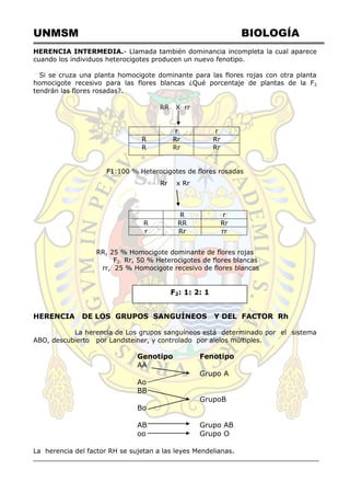 UNMSM BIOLOGÍA
HERENCIA INTERMEDIA.- Llamada también dominancia incompleta la cual aparece
cuando los individuos heterocigotes producen un nuevo fenotipo.
Si se cruza una planta homocigote dominante para las flores rojas con otra planta
homocigote recesivo para las flores blancas ¿Qué porcentaje de plantas de la F2
tendrán las flores rosadas?.
RR X rr
r r
R Rr Rr
R Rr Rr
F1:100 % Heterocigotes de flores rosadas
Rr x Rr
R r
R RR Rr
r Rr rr
RR, 25 % Homocigote dominante de flores rojas
F2: Rr, 50 % Heterocigotes de flores blancas
rr, 25 % Homocigote recesivo de flores blancas
HERENCIA DE LOS GRUPOS SANGUÍNEOS Y DEL FACTOR Rh
La herencia de Los grupos sanguíneos está determinado por el sistema
ABO, descubierto por Landsteiner, y controlado por alelos múltiples.
Genotipo Fenotipo
AA
Grupo A
Ao
BB
GrupoB
Bo
AB Grupo AB
oo Grupo O
La herencia del factor RH se sujetan a las leyes Mendelianas.
F2: 1: 2: 1
 