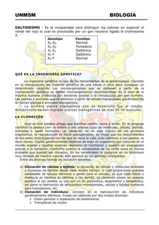 UNMSM BIOLOGÍA
DALTONISMO - Es la incapacidad cara distinguir los colores en especial el
verde del rojo lo cual es provocado por un gen recesivo ligado al cromosoma
X.
QUÉ ES LA INGENIERÍA GENETICA?
La ingeniería genética es una de las herramientas de la biotecnología. Consiste
en la manipulación del material genético de una célula o virus para conseguir un
determinado objetivo. Los microorganismos que se obtienen a partir de la
manipulación genética se llaman microorganismos recombianntes. Es el caso de la
insulina humana producida por bacterias gracias a la introducción del gen humano.
Las plantas y animales que se obtienen a partir de células manipuladas genéticamente
se llaman plantas y animales transgénicos.
La primera planta transgénica que se desarrolló fue el tabaco.
Actualmente se han logrado plantas transgénicas de mas de 40 especies.
LA CLONACIÓN
Klon es una palabra griega que significa retoño, rama o brote. En el lenguaje
científico la palabra clon se refiere a una precisa copia de moléculas, células, plantas,
animales o seres humanos. La clonación no es algo nuevo, en los primeros
organismos, la reproducción se hacía asexualmente, de modo que los descendientes
de los seres microscópicos con los que se inicia la vida, eran idénticos a sus padres, es
decir clones. Copias genéticamente idénticas de todo un organismo son comunes en el
mundo vegetal y muchas especies vegetales se mantienen y pueden ser propagadas
gracias a la clonación. Conforme avanza la complejidad de los seres vivos es menos
probable que puedan ser clonados. En los vertebrados la clonación es un fenómeno
muy limitado de manera natural, sólo aparece en los gemelos unizigóticos.
Entre las diversas formas de clonación tenemos:
a) Clonación de células y tejidos: la clonación de células y moléculas animales
y humanas es factible desde hace mucho tiempo, lo cual proporciona grandes
cantidades de células idénticas o genes para el estudio, ya que cada célula o
molécula es idéntica es idéntica a las demás. La clonación posee un aspecto
positivo al ser posible su uso con un fin preventivo, diagnóstico o terapéutico,
así como la fabricación de anticuerpos monoclonales, células y tejidos humanos
para transplantes, etc.
b) Clonación de individuos: consiste en la reproducción de individuos
genéticamente idénticos. Puede ser obtenida por dos modos diversos:
 Fisión gemelar o separación de blastómeros
 Transplante de núcleo
Genotipo Fenotipo
XD XD Normal
XD Xd Portadora
Xd Xd Daltónica
Xd Y Daltónico
XD Y Normal
 