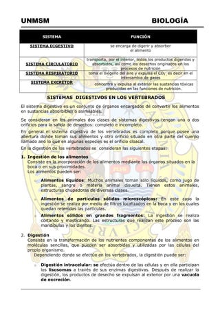 UNMSM BIOLOGÍA
SISTEMA FUNCIÓN
SISTEMA DIGESTIVO se encarga de digerir y absorber
el alimento
SISTEMA CIRCULATORIO
transporta, por el interior, todos los productos digeridos y
absorbidos, así como los desechos originados en los
procesos de nutrición
SISTEMA RESPIRATORIO toma el oxígeno del aire y expulsa el CO2 , es decir en el
intercambio de gases
SISTEMA EXCRETOR concentra y expulsa al exterior las sustancias tóxicas
producidas en las funciones de nutrición.
SISTEMAS DIGESTIVOS EN LOS VERTEBRADOS
El sistema digestivo es un conjunto de órganos encargados de convertir los alimentos
en sustancias absorbibles o asimilables.
Se consideran en los animales dos clases de sistemas digestivos tengan uno o dos
orificios para la salida de desechos: completo e incompleto.
En general el sistema digestivo de los vertebrados es completo porque posee una
abertura donde toman sus alimentos y otro orificio situado en otra parte del cuerpo
llamado ano lo que en algunas especies es el orificio cloacal.
En la digestión de los vertebrados se consideran las siguientes etapas:
1. Ingestión de los alimentos
Consiste en la incorporación de los alimentos mediante los órganos situados en la
boca o en sus proximidades.
Los alimentos pueden ser:
o Alimentos líquidos: Muchos animales toman sólo líquidos, como jugo de
plantas, sangre o materia animal disuelta. Tienen estos animales,
estructuras chupadoras de diversas clases.
o Alimentos de partículas sólidas microscópicas: En este caso la
ingestión se realiza por medio de filtros localizados en la boca y en los cuales
quedan retenidas las partículas.
o Alimentos sólidos en grandes fragmentos: La ingestión se realiza
cortando y masticando. Las estructuras que realizan este proceso son las
mandíbulas y los dientes.
2. Digestión
Consiste en la transformación de los nutrientes componentes de los alimentos en
moléculas sencillas, que pueden ser absorbidas y utilizadas por las células del
propio organismo.
Dependiendo donde se efectúe en los vertebrados, la digestión puede ser:
o Digestión intracelular: se efectúa dentro de las células y en ella participan
los lisosomas a través de sus enzimas digestivas. Después de realizar la
digestión, los productos de desecho se expulsan al exterior por una vacuola
de excreción.
 