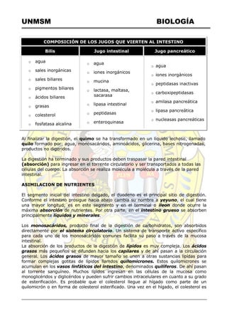 UNMSM BIOLOGÍA
COMPOSICIÓN DE LOS JUGOS QUE VIERTEN AL INTESTINO
Bilis Jugo intestinal Jugo pancreático
o agua
o sales inorgánicas
o sales biliares
o pigmentos biliares
o ácidos biliares
o grasas
o colesterol
o fosfatasa alcalina
o agua
o iones inorgánicos
o mucina
o lactasa, maltasa,
sacarasa
o lipasa intestinal
o peptidasas
o enteroquinasa
o agua
o iones inorgánicos
o peptidasas inactivas
o carboxipeptidasas
o amilasa pancreática
o lipasa pancreática
o nucleasas pancreáticas
Al finalizar la digestión, el quimo se ha transformado en un líquido lechoso, llamado
quilo formado por: agua, monosacáridos, aminoácidos, glicerina, bases nitrogenadas,
productos no digeridos.
La digestión ha terminado y sus productos deben traspasar la pared intestinal
(absorción) para ingresar en el torrente circulatorio y ser transportados a todas las
células del cuerpo. La absorción se realiza molécula a molécula a través de la pared
intestinal.
ASIMILACION DE NUTRIENTES
El segmento inicial del intestino delgado, el duodeno es el principal sitio de digestión.
Conforme el intestino prosigue hacia abajo cambia su nombre a yeyuno, el cual tiene
una mayor longitud; es en este segmento y en el terminal o ileon donde ocurre la
máxima absorción de nutrientes. Por otra parte, en el intestino grueso se absorben
principalmente líquidos y minerales.
Los monosacáridos, producto final de la digestión de carbohidratos, son absorbidos
directamente por el sistema circulatorio. Un sistema de transporte activo específico
para cada uno de los monosacáridos comunes facilita su paso a través de la mucosa
intestinal.
La absorción de los productos de la digestión de lípidos es muy compleja. Los ácidos
grasos más pequeños se difunden hacia los capilares y de ahí pasan a la circulación
general. Los ácidos grasos de mayor tamaño se unen a otras sustancias lipídas para
formar complejas gotitas de lípidos llamdos quilomicrones. Estos quilomicrones se
acumulan en los vasos linfáticos del intestino, denominados quilíferos. De ahí pasan
al torrente sanguíneo. Muchos lípidos ingresan en las células de la mucosa como
monoglicéridos y diglicéridos y pueden sufrir cambios intracelulares en cuanto a su grado
de esterificación. Es probable que el colesterol llegue al hígado como parte de un
quilomicrón o en forma de colesterol esterificado. Una vez en el hígado, el colesterol es
 