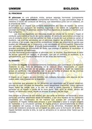 UNMSM BIOLOGÍA
EL PÁNCREAS
El páncreas es una glándula mixta, porque segrega hormonas (componente
endocrino), y jugo pancreático (componente exocrino). El jugo pancreático llega al
intestino a través del conducto de Wirsung, que desemboca junto con el colédoco, en
la ampolla de Vater.
El páncreas es un órgano que contiene básicamente dos tipos de tejidos: los acinos
pancreáticos que producen las enzimas digestivas y los islotes de Langerhans que
secretan hormonas. El páncreas secreta enzimas digestivas al duodeno y hormonas al
flujo sanguíneo.
Las enzimas digestivas son liberadas desde las células de los ácinos y llegan al
conducto pancreático a través de varios canales. El conducto pancreático principal se
une al conducto biliar a nivel del esfínter de Oddi, a través del cual ambos se vacían al
duodeno. Las enzimas secretadas por el páncreas digieren las proteínas, los hidratos
de carbono y las grasas. Las enzimas proteolíticas rompen las proteínas en partes que
puedan ser utilizadas por el organismo y son secretadas en forma inactiva. Solamente
son activadas cuando llegan al tracto gastrointestinal. El páncreas también secreta
grandes cantidades de bicarbonato de sodio, que protege el duodeno al neutralizar el
ácido procedente del estómago.
Las tres hormonas producidas por el páncreas son: la insulina, que disminuye el valor
de azúcar (glucosa) en sangre, el glucagón, que por el contrario lo aumenta, y la
somatostatina, que impide la liberación de las otras dos hormonas.
EL HIGADO
La misión del hígado es fundamentalmente metabólica, pero contribuye a la digestión
mediante la bilis. Ésta se almacena en la vesícula biliar. Desempeña un papel
importante en la digestión de las grasas, ya que contribuye a dividir las sustancias
grasas en partículas más pequeñas, con lo que se facilita el ataque de las enzimas
lipasas al aumentar la superficie de las gotas de grasa.
El hígado es un órgano de gran tamaño, con múltiples funciones, sólo algunas de las
cuales están relacionadas con la digestión.
Los nutrientes que proceden de los alimentos son absorbidos por la pared intestinal,
provista de gran cantidad de pequeños vasos sanguíneos (capilares). Estos capilares
llegan hasta las venas, que, a su vez, se unen a venas mayores y, finalmente,
penetran en el hígado a través de la vena porta. Esta vena se divide, dentro del
hígado, en diminutos vasos, donde se procesa la sangre que les llega.
Esta sangre se procesa de dos formas: por una parte se eliminan las bacterias y otras
partículas extrañas absorbidas desde el intestino, y por otra muchos de los nutrientes
absorbidos son fraccionados de tal manera que puedan ser utilizados por el
organismo. El hígado realiza este proceso a gran velocidad y pasa la sangre cargada
de nutrientes a la circulación general. El hígado produce aproximadamente la mitad
del colesterol del cuerpo; el resto proviene de los alimentos. Alrededor del 80 por
ciento del colesterol producido por el hígado se utiliza para la formación de la bilis. El
hígado también secreta la bilis, la cual se almacena en la vesícula biliar hasta que se
necesite.
 