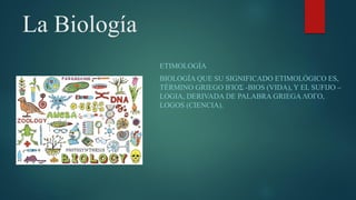La Biología
ETIMOLOGÍA
BIOLOGÍA QUE SU SIGNIFICADO ETIMOLÓGICO ES,
TÉRMINO GRIEGO ΒΊΟΣ -BIOS (VIDA), Y EL SUFIJO –
LOGIA, DERIVADA DE PALABRA GRIEGAΛΌΓΟ,
LOGOS (CIENCIA).
 