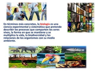 En términos más concretos, la biología es una
ciencia experimental y sistemática que pretende
describir los procesos que comparten los seres
vivos, la forma en que se mantiene y se
multiplica la vida, la biodiversidad y las
relaciones de los organismos con su medio
ambiente.
 