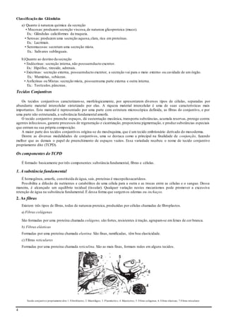 4
Classificação das Glândulas
a) Quanto à natureza química da secreção
• Mucosas:produzem secreção viscosa,de natureza glicoproteica (muco).
Ex.: Glândulas caliciformes da traqueia.
• Serosas: produzem uma secreção aquosa,clara, rica em proteínas.
Ex.: Lacrimais.
• Seromucosas: secretam uma secreção mista.
Ex.: Salivares sublinguais.
b)Quanto ao destino da secreção
• Endócrinas: secreção interna, não possuemducto excretor.
Ex.: Hipófise, tireoide, adrenais.
• Exócrinas: secreção externa, possuemducto excretor, a secreção vai para o meio externo ou cavidade de um órgão.
Ex.: Mamárias, sebáceas.
• Anficrinas ou Mistas: secreção mista, possuemuma parte externa e outra interna.
Ex.: Testículos,pâncreas.
Tecidos Conjuntivos
Os tecidos conjuntivos caracterizam-se, morfologicamente, por apresentarem diversos tipos de células, separadas por
abundante material intercelular sintetizado por elas. A riqueza material intercelular é uma de suas características mais
importantes. Este material é representado por uma parte com estrutura microscópica definida, as fibras do conjuntivo, e por
uma parte não estruturada, a substância fundamental amorfa.
O tecido conjuntivo preenche espaços, dá sustentação mecânica, transporta substâncias, acumula reservas, protege contra
agentes infecciosos, garante processos de regeneração e cicatrização, proporciona pigmentação, e produz substâncias especiais
que entram na sua própria composição.
A maior parte dos tecidos conjuntivos origina-se do mesênquima, que é um tecido embrionário derivado do mesoderma.
Dentre as diversas modalidades de conjuntivos, uma se destaca como a principal na finalidade de conjunção, fazendo
melhor que as demais o papel de preenchimento de espaços vazios. Essa variedade recebeu o nome de tecido conjuntivo
propriamente dito (TCPD).
Os componentes do TCPD
É formado basicamente por três componentes:substância fundamental, fibras e células.
1. A substância fundamental
É homogênea, amorfa, constituída de água, sais,proteínas é mucopolissacarídeos.
Possibilita a difusão de nutrientes e catabólitos de uma célula para a outra e as trocas entre as células e o sangue. Dessa
maneira, é alcançado um equilíbrio tecidual (tissular). Qualquer variação nestes mecanismos pode promover a excessiva
retenção de água na substância fundamental. É dessa forma que surgemos edemas ou inchaços.
2. As fibras
Existem três tipos de fibras, todas de natureza proteica, produzidas por células chamadas de fibroplastos.
a) Fibras colágenas
São formadas por uma proteína chamada colágeno, são fortes, resistentes à tração, agrupam-se emfeixes de cor branca.
b) Fibras elásticas
Formadas por uma proteína chamada elastina. São finas, ramificadas, têm boa elasticidade.
c) Fibras reticulares
Formadas por uma proteína chamada reticulina. São as mais finas, formam redes em alguns tecidos.
Tecido conjuntivo propriamente dito 1. Fibroblastos; 2. Macrófagos; 3. Plasmócitos; 4. Mastócitos; 5. Fibras colágenas; 6. Fibras elásticas; 7.Fibras reticulares
 