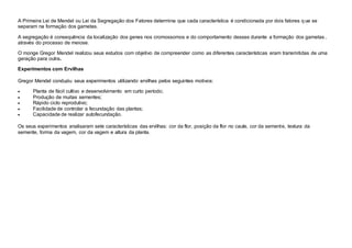 A Primeira Lei de Mendel ou Lei da Segregação dos Fatores determina que cada característica é condicionada por dois fatores q ue se
separam na formação dos gametas.
A segregação é consequência da localização dos genes nos cromossomos e do comportamento desses durante a formação dos gametas,
através do processo de meiose.
O monge Gregor Mendel realizou seus estudos com objetivo de compreender como as diferentes características eram transmitidas de uma
geração para outra.
Experimentos com Ervilhas
Gregor Mendel conduziu seus experimentos utilizando ervilhas pelos seguintes motivos:
 Planta de fácil cultivo e desenvolvimento em curto período;
 Produção de muitas sementes;
 Rápido ciclo reprodutivo;
 Facilidade de controlar a fecundação das plantas;
 Capacidade de realizar autofecundação.
Os seus experimentos analisaram sete características das ervilhas: cor da flor, posição da flor no caule, cor da semente, textura da
semente, forma da vagem, cor da vagem e altura da planta.
 