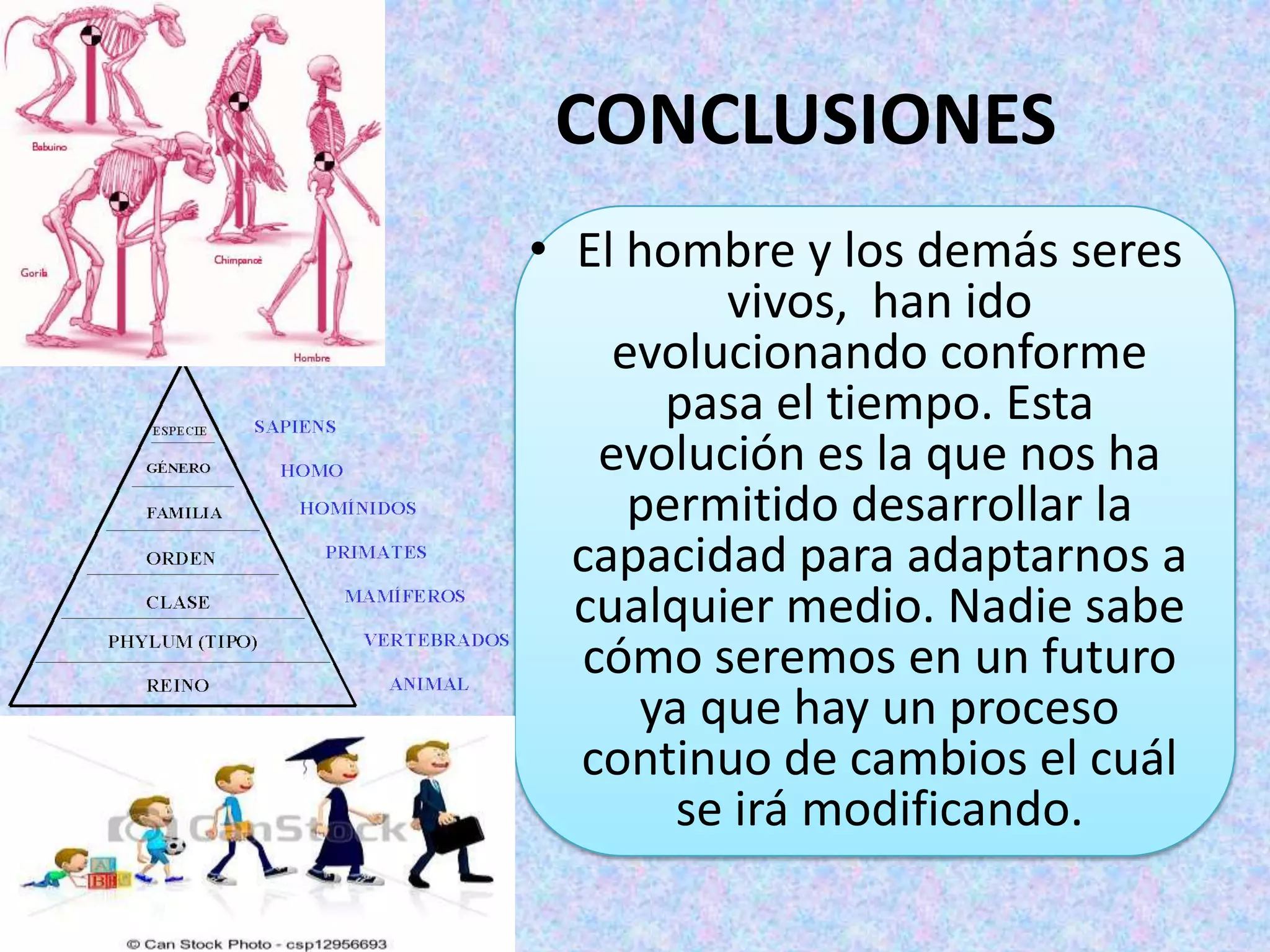 CONCLUSIONES
• El hombre y los demás seres
vivos, han ido
evolucionando conforme
pasa el tiempo. Esta
evolución es la que nos ha
permitido desarrollar la
capacidad para adaptarnos a
cualquier medio. Nadie sabe
cómo seremos en un futuro
ya que hay un proceso
continuo de cambios el cuál
se irá modificando.
 