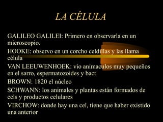 LA CÉLULA
GALILEO GALILEI: Primero en observarla en un
microscopio.
HOOKE: observo en un corcho celdillas y las llama
célula
VAN LEEUWENHOEK: vio animaculos muy pequeños
en el sarro, espermatozoides y bact
BROWN: 1820 el núcleo
SCHWANN: los animales y plantas están formados de
cels y productos celulares
VIRCHOW: donde hay una cel, tiene que haber existido
una anterior
 