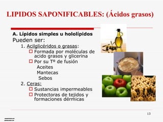 A. Lípidos simples u hololípidos Pueden ser:  1.  Acilglicéridos o grasas : Formada por moléculas de acido grasos y glicerina Por su Tº de fusión  Aceites Mantecas Sebos 2.  Ceras:   Sustancias impermeables Protectoras de tejidos y formaciones dérmicas   www.mujertips.com  www.edufuturo.com  LIPIDOS SAPONIFICABLES: (Ácidos grasos) 