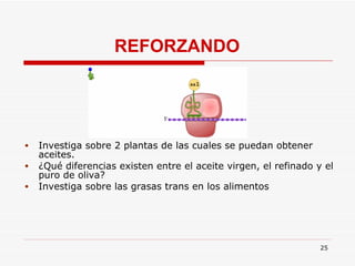 REFORZANDO Investiga sobre 2 plantas de las cuales se puedan obtener aceites. ¿Qué diferencias existen entre el aceite virgen, el refinado y el puro de oliva? Investiga sobre las grasas trans en los alimentos  