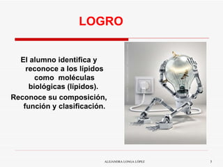 LOGRO ALEJANDRA LONGA LÓPEZ El alumno identifica y reconoce a los lípidos como  moléculas biológicas (lípidos).  Reconoce su composición, función y clasificación. 