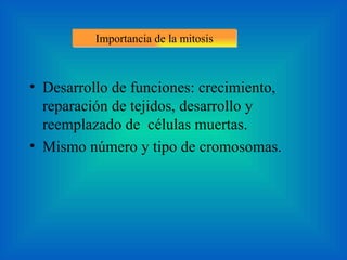 Importancia de la mitosis Desarrollo de funciones: crecimiento, reparación de tejidos, desarrollo y reemplazado de  células muertas.  Mismo número y tipo de cromosomas. 