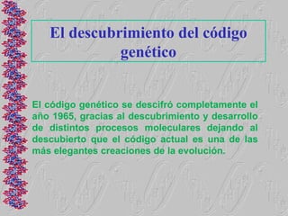 El descubrimiento del código
             genético


El código genético se descifró completamente el
año 1965, gracias al descubrimiento y desarrollo
de distintos procesos moleculares dejando al
descubierto que el código actual es una de las
más elegantes creaciones de la evolución.
 