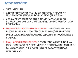 ÁCIDOS NUCLÉICOS
• 1869: NUCLEÍNA.
• A NOVA SUBSTÂNCIA ERA UM ÁCIDO E COMO FICAVA NO
NÚCLEO FICOU SENDO ÁCIDO NUCLEICO. (ERA O DNA).
• APÓS A DESCOBERTA DO RNA O NOME JÁ CONSAGRADO
PERMANECEU EMBORA O MESMO FIQUE PRINCIPALMENTE NO
CITOPLASMA.
 DNA – ÁCIDO DESOXIRRIBONUCLEICO: TEM FORMA DE UMA
ESCADA EM ESPIRAL. CONTÉM AS INFORMAÇÕES GENÉTICAS
DAS CÉLULAS. LOCALIZADO NO NÚCLEO, NAS MITOCÔNDRIAS E
PLASTOS.
 RNA – ÁCIDO RIBONUCLEICO: É PRODUZIDO A PARTIR DO DNA.
ESTÁ LOCALIZADO PRINCIPALMENTE NO CITOPLASMA. AUXILIA O
DNA NO CONTROLE DA EXPRESSÃO DE CARACTERISTICAS
HEREDITÁRIAS.
 