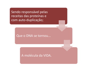 Sendo responsável pelas
receitas das proteínas e
com auto-duplicação;
Que o DNA se tornou...
A molécula da VIDA.
 