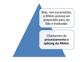 Mas, nos eucariontes,
o RNAm precisa ser
preparado para ser
lido e traduzido.
Chamamos de
processamento e
splicing do RNAm.
 