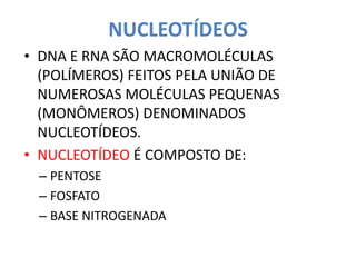 NUCLEOTÍDEOS
• DNA E RNA SÃO MACROMOLÉCULAS
(POLÍMEROS) FEITOS PELA UNIÃO DE
NUMEROSAS MOLÉCULAS PEQUENAS
(MONÔMEROS) DENOMINADOS
NUCLEOTÍDEOS.
• NUCLEOTÍDEO É COMPOSTO DE:
– PENTOSE
– FOSFATO
– BASE NITROGENADA
 