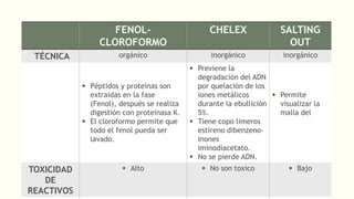 FENOL-
CLOROFORMO
CHELEX SALTING
OUT
TÉCNICA orgánico inorgánico inorgánico
 Péptidos y proteínas son
extraídas en la fase
(Fenol), después se realiza
digestión con proteinasa K.
 El cloroformo permite que
todo el fenol pueda ser
lavado.
 Previene la
degradación del ADN
por quelación de los
iones metálicos
durante la ebullición
5%.
 Tiene copo limeros
estireno dibenzeno-
inones
iminodiacetato.
 No se pierde ADN.
 Permite
visualizar la
malla del
TOXICIDAD
DE
REACTIVOS
 Alto  No son toxico  Bajo
 