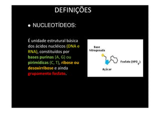 DEFINIÇÕES
É unidade estrutural básica
dos ácidos nucléicos (DNA e
RNA), constituídos por
bases purinas (A, G) ou
pirimídicas (C, T), ribose ou
desoxirribose e ainda
grupamento fosfato.
NUCLEOTÍDEOS:
 