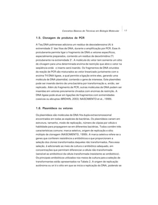 17Conceitos Básicos de Técnicas em Biologia Molecular
1.5. Clonagem de produtos de PCR
A Taq DNA polimerase adiciona um resíduo de deoxiadenosina (A) à
extremidade 3' das fitas de DNA, durante a amplificação por PCR. Esse A-
protuberante permite ligar o fragmento de DNA a vetores específicos,
especialmente preparados, contendo um resíduo de deoxitimidina (T)
protuberante na extremidade 3'. A molécula do vetor tem somente um sítio
de clivagem para uma determinada enzima de restrição que abre o vetor na
seqüência onde o inserto será inserido. Os fragmentos de DNA oriundos
da reação de PCR são misturados ao vetor linearizado juntamente com a
enzima T4 DNA ligase, a qual permite a ligação entre eles, gerando uma
molécula de DNA plasmidial, contendo o gene de interesse. Este plasmídeo
pode ser inserido dentro de uma bactéria por transformação e, então, ser
replicado. Além do fragmento de PCR, outras moléculas de DNA podem ser
inseridas em vetores previamente clivados com enzimas de restrição. A
DNA ligase pode atuar em ligações de fragmentos com extremidades
coesivas ou abruptas (BROWN, 2003; NASCIMENTO et al., 1999).
1.6. Plasmídeos ou vetores
Os plasmídeos são moléculas de DNA fita dupla extracromossomal
encontrados em todas as espécies de bactérias. Os plasmídeos variam em
estrutura, tamanho, modo de replicação, número de cópias por célula e
habilidade para propagarem-se em diferentes bactérias. Todos contêm três
características comuns: marca seletiva, origem de replicação e sítio
múltiplo de clonagem (NASCIMENTO, 1999). A marca seletiva refere-se a
genes que conferem resistência a antibióticos e que proporcionam a
seleção dos clones transformados daqueles não transformados. Para essa
seleção, é adicionado ao meio de cultura o antibiótico adequado, em
concentrações que permitam diferenciar a célula não-transformada
(sensível ao antibiótico) da célula transformada (resistente ao antibiótico).
Os principais antibióticos utilizados nos meios de cultura para a seleção de
transformantes estão apresentados na Tabela 2. A origem de replicação
autônoma ou ori é o sítio em que se inicia a replicação do DNA, podendo se
 