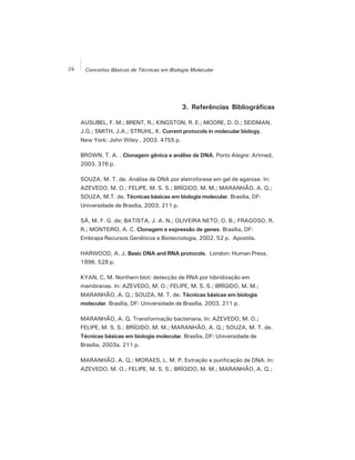 26 Conceitos Básicos de Técnicas em Biologia Molecular
3. Referências Bibliográficas
AUSUBEL, F. M.; BRENT, R.; KINGSTON, R. E.; MOORE, D. D.; SEIDMAN,
J.G.; SMITH, J.A.; STRUHL, K. Current protocols in molecular biology,
New York: John Wiley , 2003. 4755 p.
BROWN, T. A. . Clonagem gênica e análise de DNA. Porto Alegre: Artmed,
2003. 376 p.
SOUZA, M. T. de. Análise de DNA por eletroforese em gel de agarose. In:
AZEVEDO, M. O.; FELIPE, M. S. S.; BRÍGIDO, M. M.; MARANHÃO, A. Q.;
SOUZA, M.T. de. Técnicas básicas em biologia molecular. Brasília, DF:
Universidade de Brasília, 2003. 211 p.
SÁ, M. F. G. de; BATISTA, J. A. N.; OLIVEIRA NETO, O. B.; FRAGOSO, R.
R.; MONTEIRO, A. C. Clonagem e expressão de genes. Brasília, DF:
Embrapa Recursos Genéticos e Biotecnologia, 2002, 52 p. Apostila.
HARWOOD, A. J. Basic DNA and RNA protocols. London: Human Press,
1996. 528 p.
KYAN, C. M. Northern blot: detecção de RNA por hibridização em
membranas. In: AZEVEDO, M. O.; FELIPE, M. S. S.; BRÍGIDO, M. M.;
MARANHÃO, A. Q.; SOUZA, M. T. de. Técnicas básicas em biologia
molecular. Brasília, DF: Universidade de Brasília, 2003. 211 p.
MARANHÃO, A. Q. Transformação bacteriana. In: AZEVEDO, M. O.;
FELIPE, M. S. S.; BRÍGIDO, M. M.; MARANHÃO, A. Q.; SOUZA, M. T. de.
Técnicas básicas em biologia molecular. Brasília, DF: Universidade de
Brasília, 2003a. 211 p.
MARANHÃO. A. Q.; MORAES, L. M. P. Extração e purificação de DNA. In:
AZEVEDO, M. O.; FELIPE, M. S. S.; BRÍGIDO, M. M.; MARANHÃO, A. Q.;
 