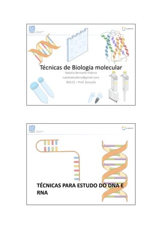 01/06/2016
1
Técnicas de Biologia molecular
Natalia Bernardi Videira
nataliabvideira@gmail.com
BG515 – Prof. Gonçalo
TÉCNICAS PARA ESTUDO DO DNA E
RNA
 