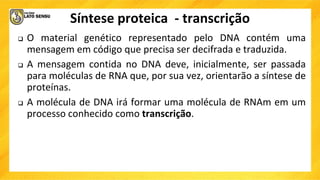 Síntese proteica - transcrição
 O material genético representado pelo DNA contém uma
mensagem em código que precisa ser decifrada e traduzida.
 A mensagem contida no DNA deve, inicialmente, ser passada
para moléculas de RNA que, por sua vez, orientarão a síntese de
proteínas.
 A molécula de DNA irá formar uma molécula de RNAm em um
processo conhecido como transcrição.
 