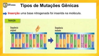 Tipos de Mutações Gênicas
Inserção uma base nitrogenada foi inserida na molécula.
 