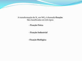 A transformação do N2 em NH3 é chamada fixação.
São classificadas em três tipos:
- Fixação Física

- Fixação Industrial

- Fixação Biológica

 