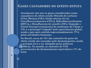 GASES CAUSADORES DO EFEITO ESTUFA
Atualmente são seis os gases considerados como
causadores do efeito estufa: Dióxido de carbono
(CO2), Metano (CH4), Oxido nitroso (N2 O),
Clorofluorcarbonetos (CFCs), Hidrofluorcarbonetos
(HFCs), e Hexafluoreto de enxofre (SF2). Segundo o
Painel Intergovernamental de mudanças do Clima, o
CO2 é o principal "culpado" pelo aquecimento global,
sendo o gás mais emitido (aproximadamente 77%)
pelas atividades humanas.
No Brasil, cerca de 75% das emissões de gases do
efeito estufa são causadas pelo desmatamento, sendo
o prinipal alvo a ser mitigado pelas políticas
públicas. No mundo, as emissões de CO2
provenientes do desmatamento equivalem a 17% do
total.

 