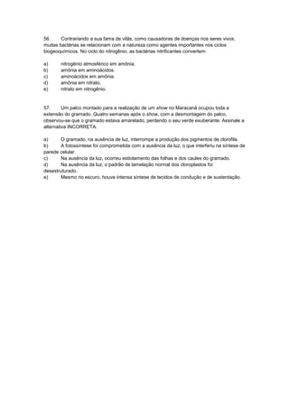 56. Contrariando a sua fama de vilãs, como causadoras de doenças nos seres vivos,
muitas bactérias se relacionam com a natureza como agentes importantes nos ciclos
biogeoquímicos. No ciclo do nitrogênio, as bactérias nitrificantes convertem:
a) nitrogênio atmosférico em amônia.
b) amônia em aminoácidos.
c) aminoácidos em amônia.
d) amônia em nitrato.
e) nitrato em nitrogênio.
57. Um palco montado para a realização de um show no Maracanã ocupou toda a
extensão do gramado. Quatro semanas após o show, com a desmontagem do palco,
observou-se que o gramado estava amarelado, perdendo o seu verde exuberante. Assinale a
alternativa INCORRETA:
a) O gramado, na ausência de luz, interrompe a produção dos pigmentos de clorofila.
b) A fotossíntese foi comprometida com a ausência da luz, o que interferiu na síntese de
parede celular.
c) Na ausência da luz, ocorreu estiolamento das folhas e dos caules do gramado.
d) Na ausência da luz, o padrão de lamelação normal dos cloroplastos foi
desestruturado.
e) Mesmo no escuro, houve intensa síntese de tecidos de condução e de sustentação.
 