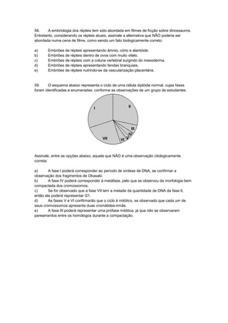 58. A embriologia dos répteis tem sido abordada em filmes de ficção sobre dinossauros.
Entretanto, considerando os répteis atuais, assinale a alternativa que NÃO poderia ser
abordada numa cena de filme, como sendo um fato biologicamente correto:
a) Embriões de répteis apresentando âmnio, cório e alantóide.
b) Embriões de répteis dentro de ovos com muito vitelo.
c) Embriões de répteis com a coluna vertebral surgindo do mesoderma.
d) Embriões de répteis apresentando fendas branquiais.
e) Embriões de répteis nutrindo-se da vascularização placentária.
59. O esquema abaixo representa o ciclo de uma célula diplóide normal, cujas fases
foram identificadas e enumeradas, conforme as observações de um grupo de estudantes.
I II
III
IV
VVIVII
Assinale, entre as opções abaixo, aquela que NÃO é uma observação citologicamente
correta:
a) A fase I poderá corresponder ao período de síntese de DNA, se confirmar a
observação dos fragmentos de Okasaki.
b) A fase IV poderá corresponder à metáfase, pelo que se observou da morfologia bem
compactada dos cromossomos.
c) Se for observado que a fase VII tem a metade da quantidade de DNA da fase II,
então ela poderá representar G1.
d) As fases V e VI confirmarão que o ciclo é mitótico, se observado que cada um de
seus cromossomos apresenta duas cromátides-irmãs.
e) A fase III poderá representar uma prófase mitótica, já que não se observaram
pareamentos entre os homólogos durante a compactação.
 