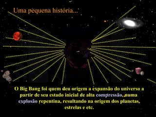 Uma pequena história...




O Big Bang foi quem deu origem a expansão do universo a
  partir de seu estado inicial de alta compressão, numa
 explosão repentina, resultando na origem dos planetas,
                       estrelas e etc.
 