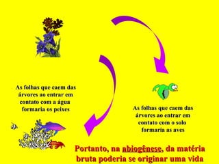 As folhas que caem das
 árvores ao entrar em
 contato com a água
  formaria os peixes                As folhas que caem das
                                     árvores ao entrar em
                                      contato com o solo
                                       formaria as aves


                     Portanto, na abiogênese, da matéria
                     bruta poderia se originar uma vida
 