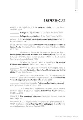 PARÂMETROS CURRICULARES DE BIOLOGIA
45
5 Referências
AMABIS, J. M.; MARTHO, G. R. Biologia das células. v. 1. São Paulo:
Moderna, 2004.
_________. Biologia dos organismos. v. 2. São Paulo: Moderna, 2004.
_________. Biologia das populações. v. 3. São Paulo: Moderna, 2004.
AUSUBEL, D. P. The psychology of meaningful verbal learning. New York:
Grune  Stratton, 1963.
BRASIL. Ministério da Educação. Diretrizes Curriculares Nacionais para o
Ensino Médio. Resolução nº 2, de 30 de janeiro de 2012. Brasília, SEED/
MEC, 2012.
_________. Ministério da Educação. Secretaria de Educação Básica.
Orientações Curriculares Nacionais para o Ensino Médio. Ciências da
Natureza, Matemática e suas Tecnologias. Brasília: Ministério da Educação/
Secretaria de Educação Básica, 2006.
_________. Secretaria de Educação Média e Tecnológica. Parâmetros
Curriculares Nacionais +. Brasília: MEC/SEMTEC, 2002.
_________. Ministério da Educação. Secretaria de Educação Média e
Tecnológica (Semtec). Parâmetros Curriculares Nacionais para o Ensino
Médio. Brasília: MEC/Semtec, 1999.
_________. Ministério da Educação e do Desporto. Câmara de Educação
Básica do Conselho Nacional de Educação. Parecer CEB 04/98. Diretrizes
Curriculares para o Ensino Fundamental. Brasília, 1998.
_________. Ministério da Educação. Parâmetros Curriculares Nacionais:
Ciências Naturais. Brasília, SEF/MEC, 1998.
_________. Lei n. 9.394, de 20 de dezembro de 1996. Dispõe sobre as
Diretrizes e Bases da Educação Nacional. Diário Oficial da União, Brasília,
DF, 23 dez. 1996.
BRUNER, J. The process of education. Cambridge: Harvard University
Press, 1960. p. 97.
BUSSMANN, A. C. O projeto político-pedagógico e a gestão da escola. In:
VEIGA, Ilma Passos A. (Org.). Projeto político-pedagógico da escola: uma
construção possível. Campinas: Papirus, 1995.
 