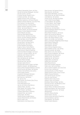 PARÂMETROS PARA A EDUCAÇÃO BÁSICA DO ESTADO DE PERNAMBUCO
50 Clebson Alexsandro Gama da Silva
Clei de Fernandes Rodrigues da Silva
Clei de Gomes da Silva
Cristiane Renata Tavares Dutra
Cristiano Sa Alves de Souza
Cybelle Tenorio Freire de Araujo
Danielly Capitulina de Souza Tavares
Debora Campos Marinho de Goes Pires
Dina Santana do Nascimento
Dionizio Francisco da Silva Neto
Ediene Ferreira Cavalcanti Gomes
Edinair de Souza Mauricio
Ednalva Oliveira de Souza Andrada
Edriane Cristina Medeiros Correia
Edson Manoel da Silva
Eduar do Max Bezerra Alves
Elaine Cristina de Almei da Silva
Elanice de Assis Marques Bezerra
Elenil da Maria de Sa Rodrigues
Eliana de Souza Benevides
Elionais Alves da Silva Franca
Elizama Roza dos Santos
Emille Pollyane Silva Araujo
Eugenio Carlos Torres Martins
Fernan da Muniz Brayner Lopes
Flavia Socorro Queiroz Barbosa
Francisca Fabricia Chagas de Souza
Francisco de Assis Pereira de Lira
Gabriela Leite Perazzo Gomes
Geneilson da Silva Souza
Genil do Macha do de Araujo
Genilse Maria Candido
Genival do Leal da Silva
George Lopes Amorim
Georgia Nascimento Sergio de Melo
Gilberto Otaviano de Albuquerque
Glaucia Maria Buarque Barbosa da Silva
Herica Fernan da Soares de Santana
Herika Cristina Pereira de Lucena
Hilma Soares Pereira
Hingritchy Rodrigues Menezes
Ilmara Santana de Queiroz
Ilza Francisca de Moura
Iris de Sa Lima
Irya Carolina de Oliveira Silva Orrico
Ivone Alves Silva
Ivone Maria Bitencourt
Jacinta de Fatima Silva Ramos
Jaidene Maria da Silva
Jose Gabriel de Carvalho Filho
Jose Pinheiro do Monte
Joseana Maria Rolim Teodosio
Joseane Pires dos Santos
Josely Alves de Paiva
Josiane Nunes Jordao Abreus
Jussara Maria Ferreira de Oliveira
Karina Lopes Char
Karlla Suenia dos Anjos Lima
Katia Ferreira de Siqueira Santos
Katia Marinho de Arruda
Katia Valeria Wanderley da Silva
Layse Almei da de Farias Fernandes
Leila Barbosa de Santana
Leonai Souza de Andra de Ribas
Ligia Cristian Sousa Aragao
Luciana Batista de Carvalho
Luciana Martins das Chagas
Luciclei de Cicera de Lima
Lucivania Oliveira Vieira
Manoel Luis da Silva Neto
Marceli Rodrigues Belarmino Gomes
Marcia Andrea Ferreira
Maria Arlane Simplicio de Souza
Maria da Conceicao Baracho
Maria da Gloria Paulo dos Santos
Maria das Gracas Pereira Lucas
Maria de Lourdes da Conceicao
Maria do Amparo Magalhaes Alves Araujo
Maria Etiene Cavalcante
Maria Josiane de Melo
Maria Rejane da Silva
Maria Tamires Filgueira Callou
Maria Valdete Gomes dos Santos
Marinoia Leonilia de Freitas
Mary Janice Lima dos Santos
Meiry Fernan da Bezerra de Souza
Nadja Benvenuto Goncalves
Nadja Gomes dos Santos
Nadja Nail de de Oliveira
Nagila Maria de Alencar
Nailsa Silva de Arruda
Neiry Maria Oliveira
Nery Freire Novaes Sobrinha
Pablo Jose da Cunha Melo
Perla Candice Gadelha da Costa Silva
Porfirio Jose de Alencar
Quiteria Edcarla de Melo Maciel
Raquel Pereira Costa Lucas E Sousa
Rejane Oliveira Monteiro
Ricar da Ana Souza da Silva
Ricar do Jose Gomes
Roberto Felix Costa Junior
Robson Tome de Oliveira
Roselaine Patricia Felipe da Silva
Rosiclei de Pinto de Mendonca Dias
Rosiene Gomes da Silva
Rozani Maria do Nascimento Freire
Rubervania Apareci da Freire Gomes
Sandra Giovanna Nunes de Souza
Albuquerque
Severino Pereira Mandu
Silvana Maria da Silva
Silvania Miran da Ferreira Figueiroa
Simone Barbosa da Silva
Sirley Bezerra de Oliveira
Stenia Coelho Bezerra
 