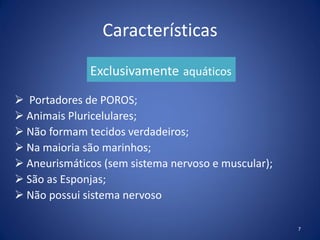 Características
 Portadores de POROS;
 Animais Pluricelulares;
 Não formam tecidos verdadeiros;
 Na maioria são marinhos;
 Aneurismáticos (sem sistema nervoso e muscular);
 São as Esponjas;
 Não possui sistema nervoso
7
Exclusivamente aquáticos
 